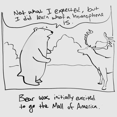 Cartoon drawing of a bear talking to a moose, who looks shocked. The bear says, 'Not what I expected. But I did learn what a homophone is.' Caption: 'Bear was initially excited to go to the mall of America.'