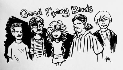 Ink sketch in a cartoon style of five people: a man with short hair and a mustache; a man with shaggy hair, glasses and a mustache in a stripped shirt; a woman with long curly hair wearing a skirt; a man with a short beard, long hair pushed back and wearing a striped buttondown shirt; and a man in a jacket and open collar with light shaggy hair and a mischievous smile.
